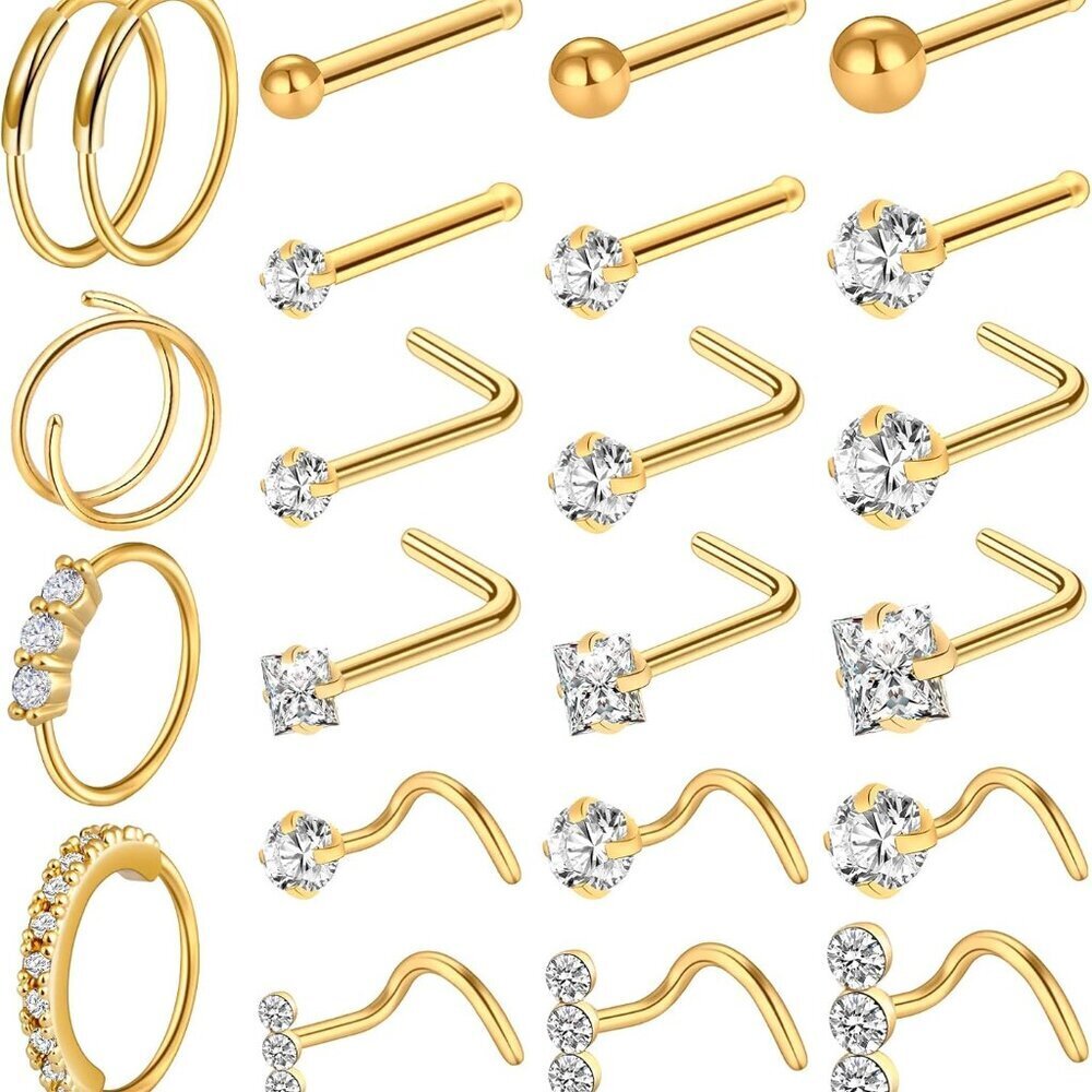 23-40 Pcs Gold Nose Rings & Studs Set for Men & Women - Hypoallergenic Stainless